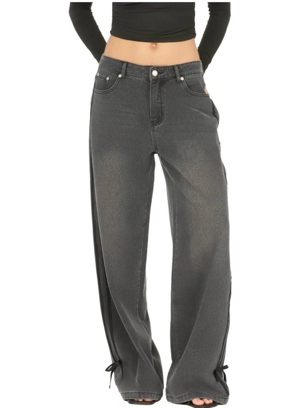 Forever 21 Women’s Low Rise Baggy Fit Jeans with Side Stripes and Bow Accents